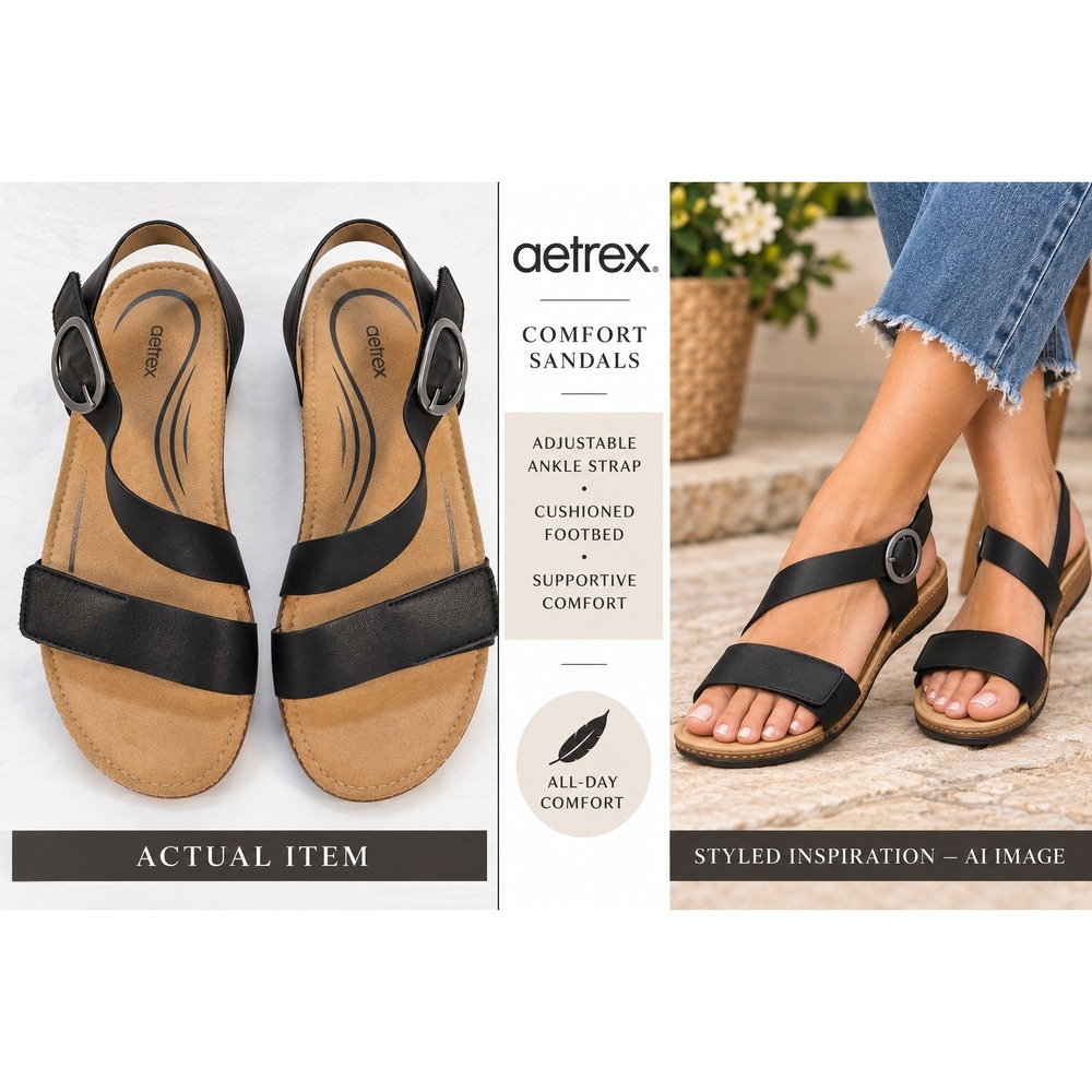 Aetrex Tamara Sandal Womens Comfort Leather Black 7.5-8 Excellent Minimalist